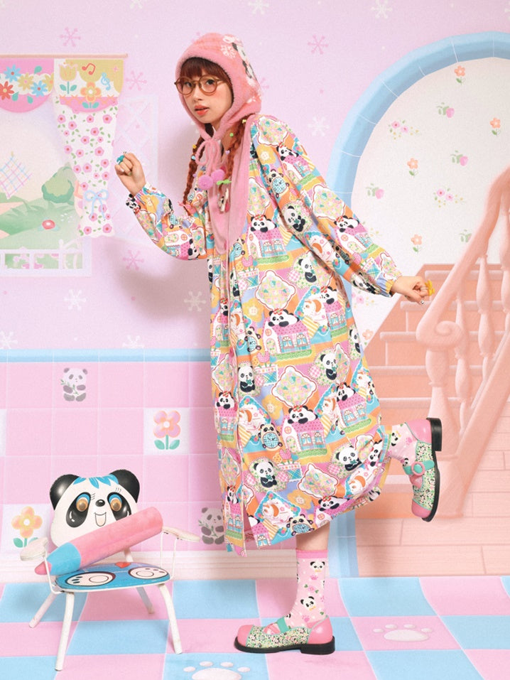 Velvet Stitching Panda Print Loose Coat Dress