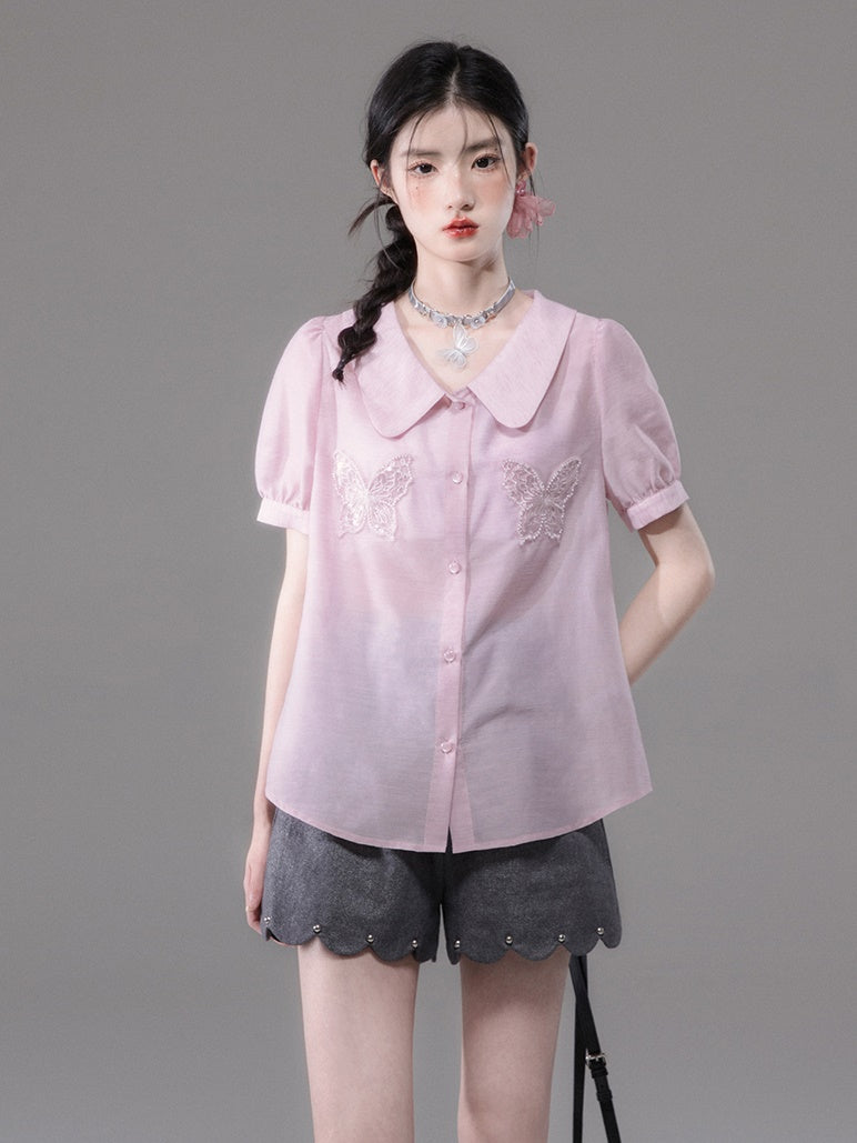 Pearl Butterfly Embroidered Baby Collar Shirt