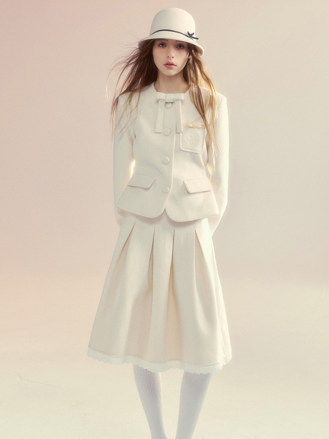 Embroidery Ribbon Short Jacket ＆ Mid-Length Tuck Pleated Skirt