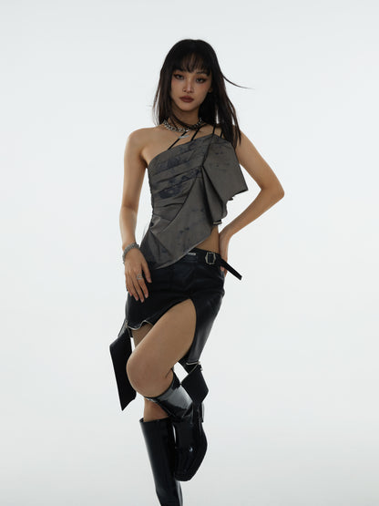 Pleated Shoulder Strap Asymmetry Camisole