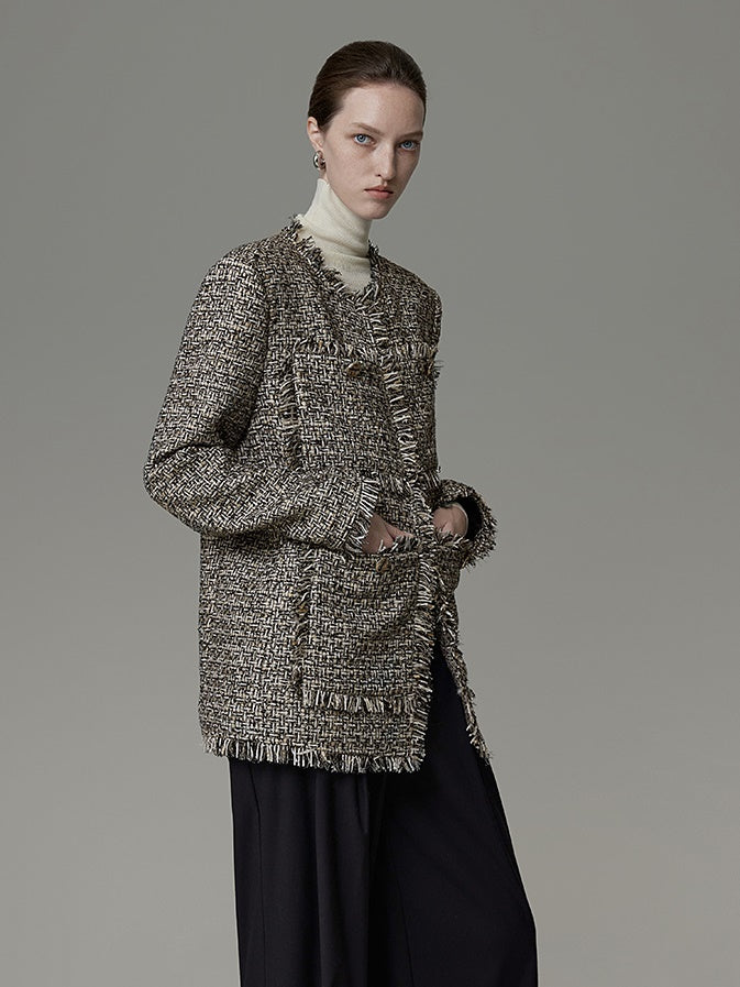 Brushed Design No-Collar Tweed Jacket