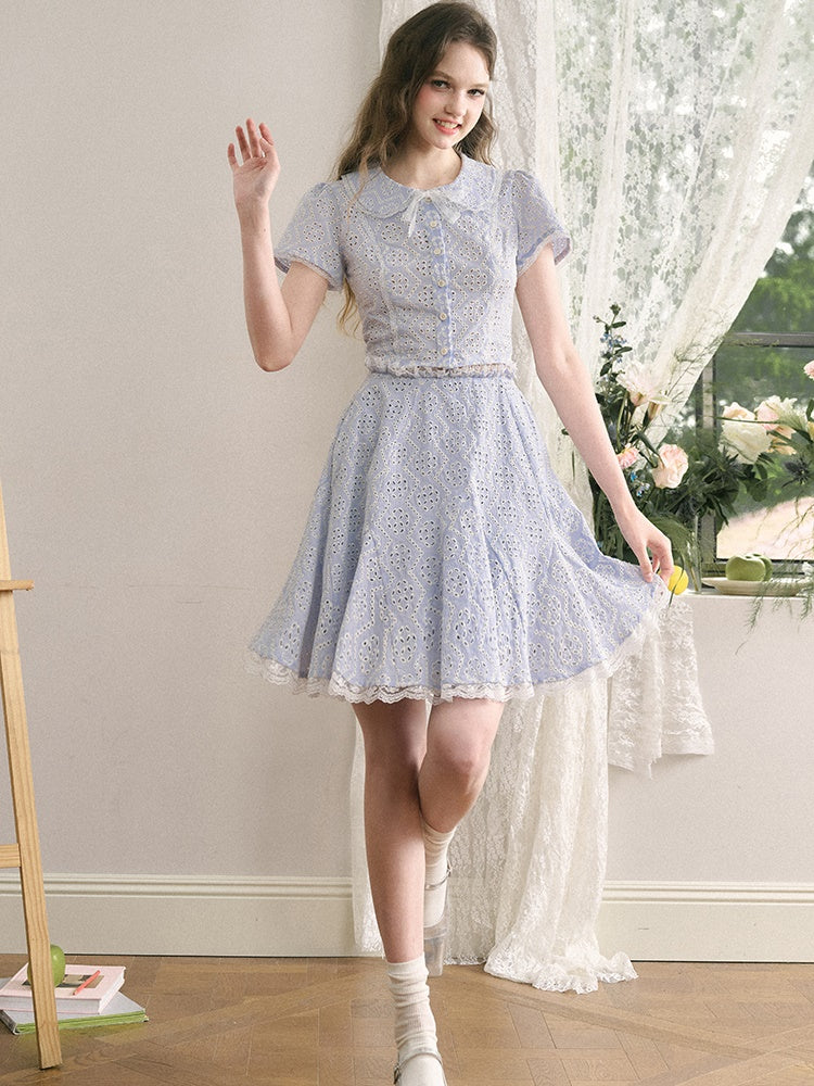 College Style Doll Collar Cutwork Lace Shirt ＆ Flare Skirt