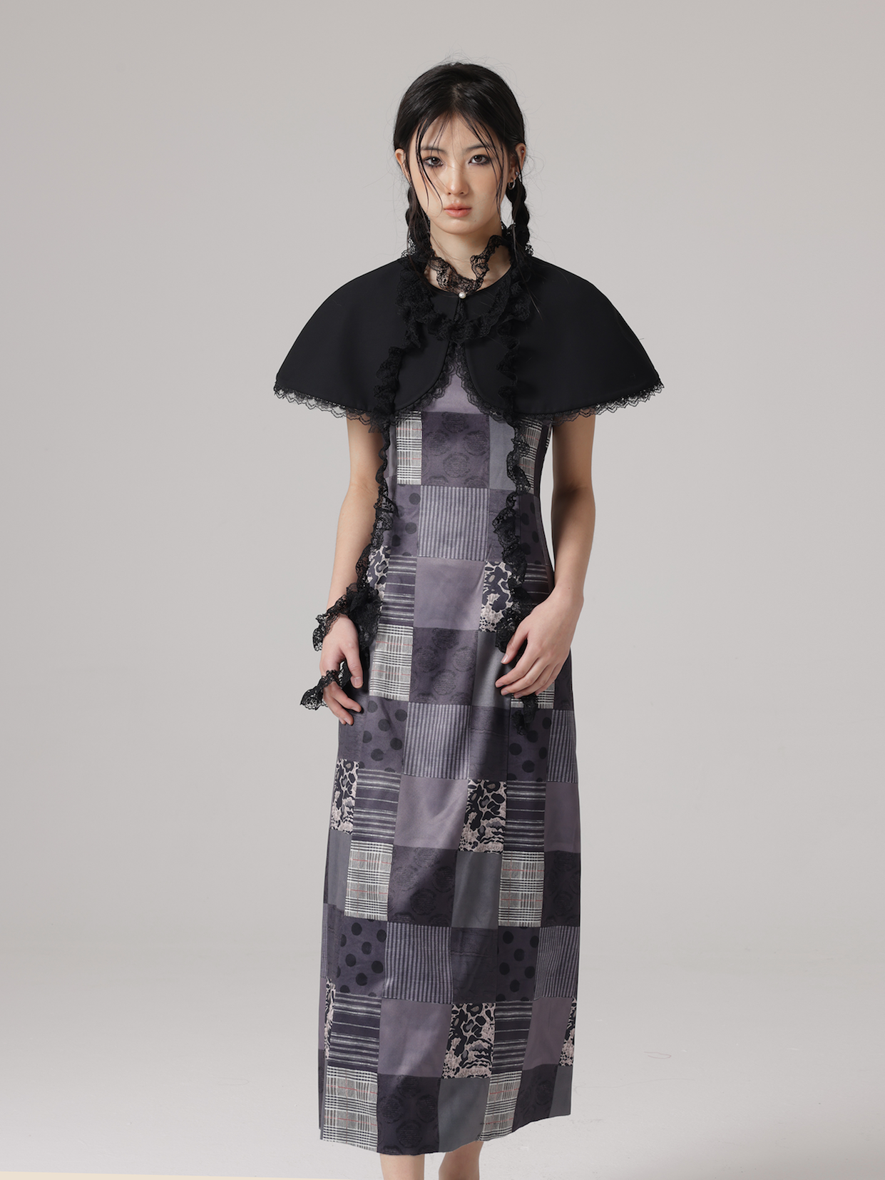 Patchwork Mosaic Printing Dress &amp; Lace Scarf &amp; Cloak 3piece Set