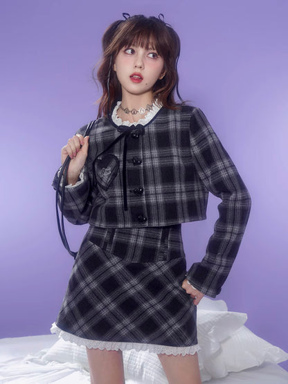 Checkered Lace Stitch No-Collar Jacket ＆ A-Line Skirt