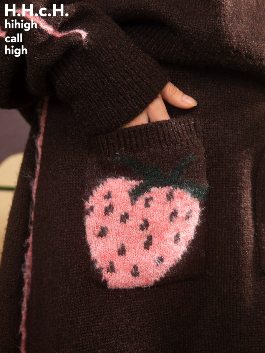 Strawberry Jacquard Half-open Collar Sweater &amp; Mid-length Knitted Skirt