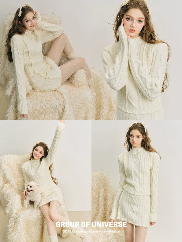 Cable Bottle-Neck Fluffy Knit Sweater ＆ Frill Knitted Skirt