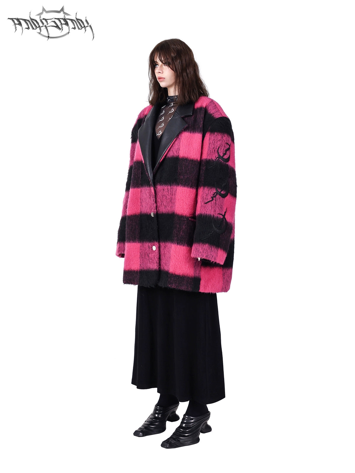 Plaid Leather Embroidered Shoulder Pads Genderless Coat