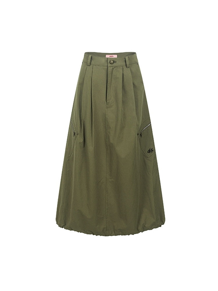 Drawstring Casual Flare Plain Long-Skirt