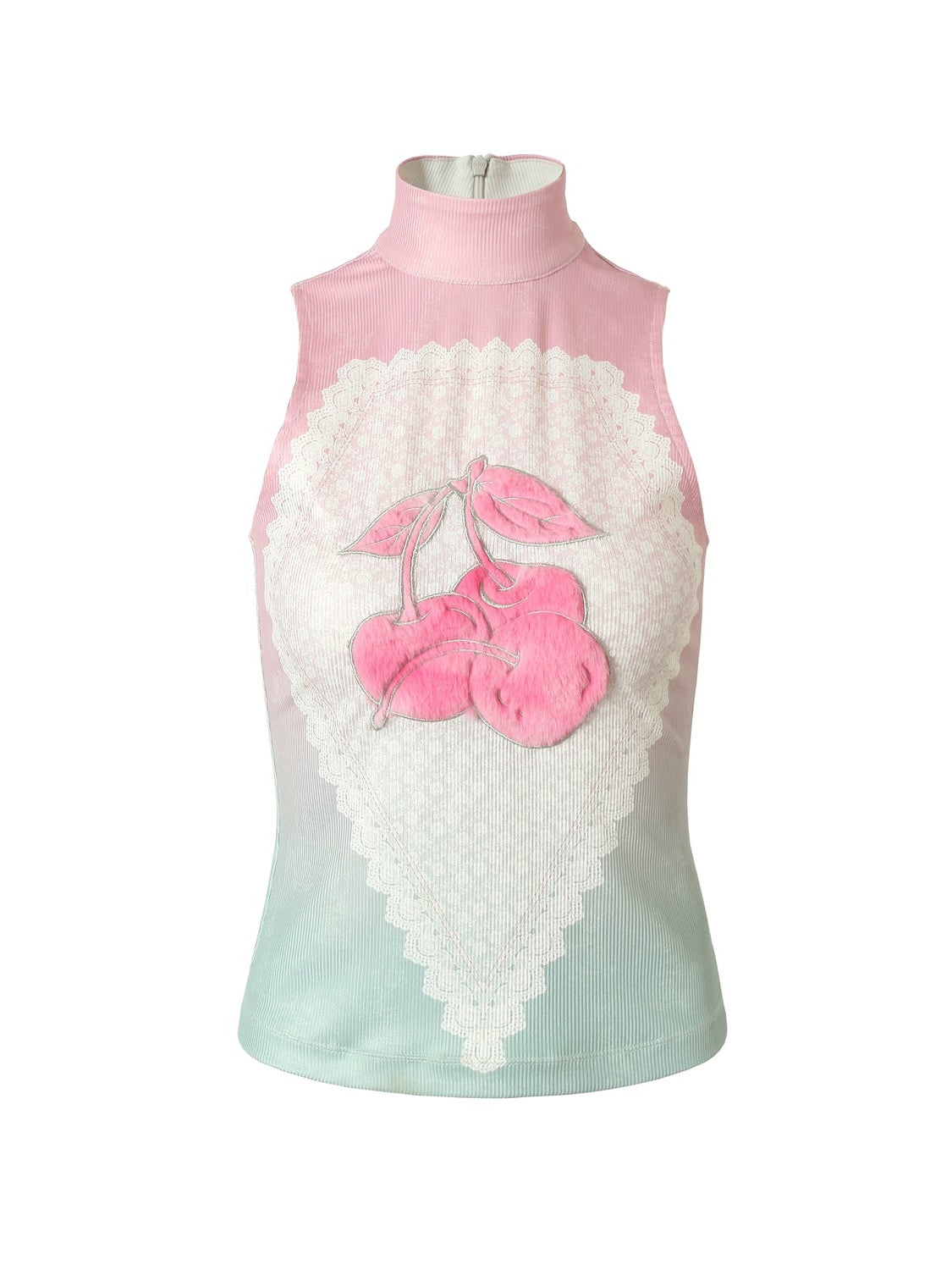 Cherry Fur Patch Embroidered Gradient Lace Vest &amp; Skirt