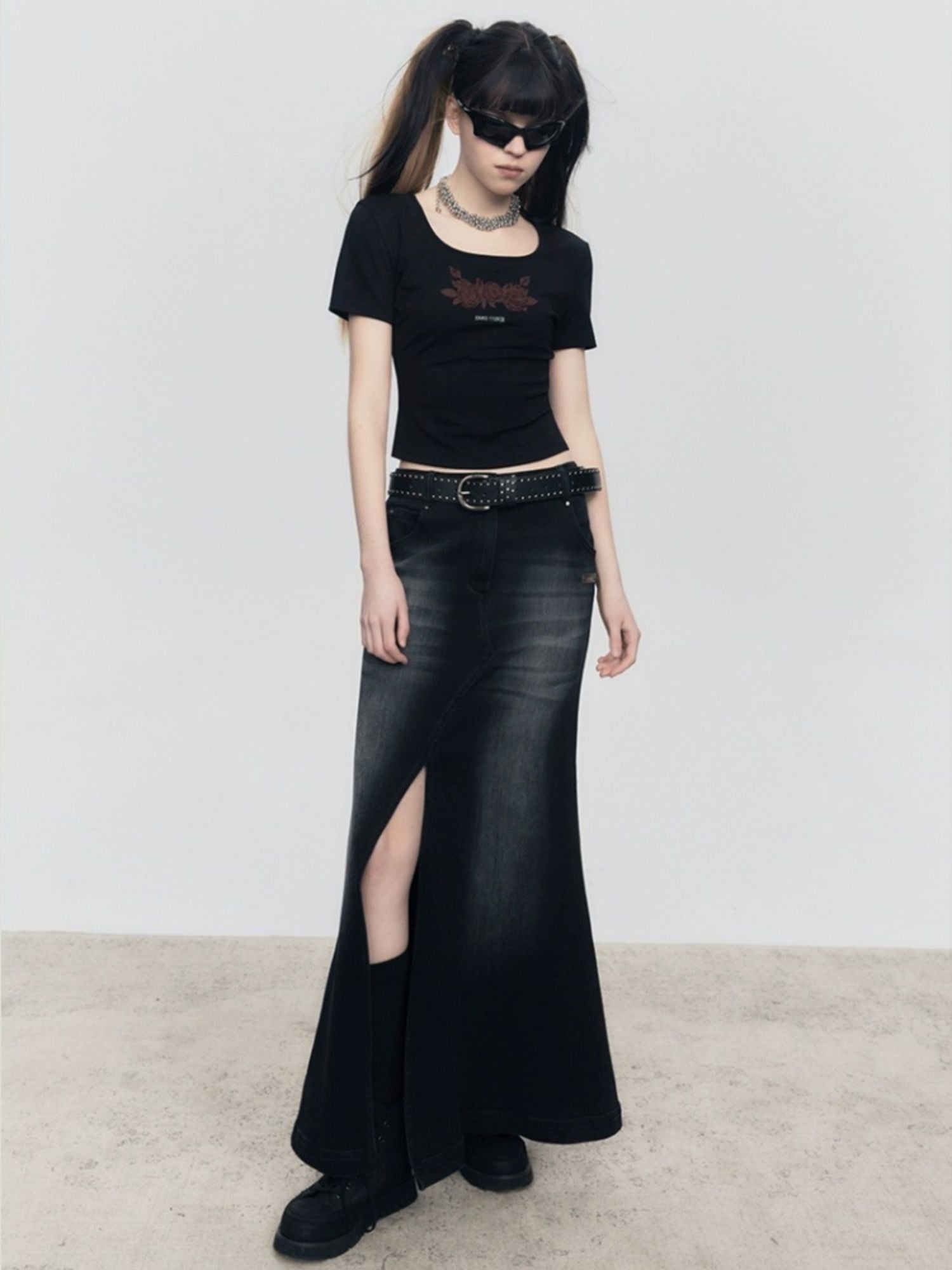 Gradient Mermaid Slit Denim Skirt