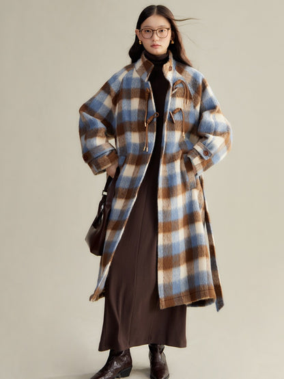 Retro Plaid Stand Collar Toggle Coat