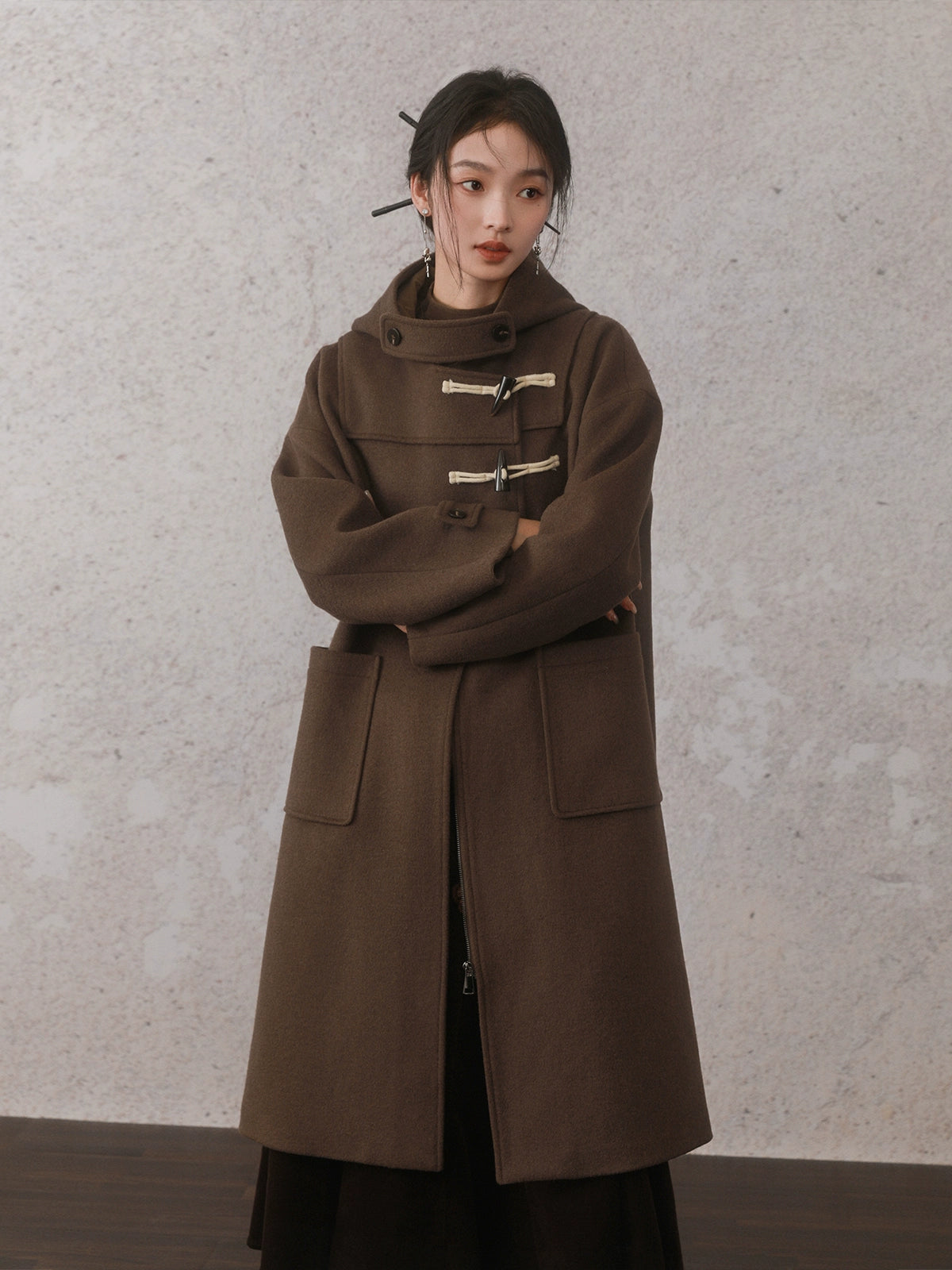 Horn Button Hooded Mid-Length Coat