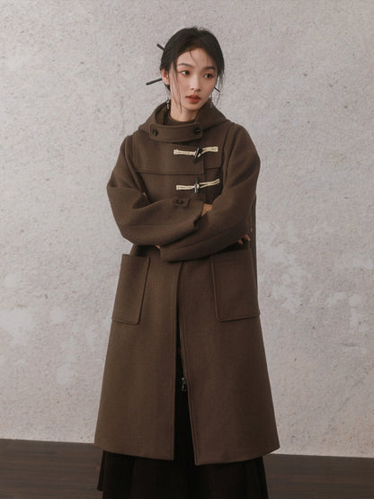 Horn Button Hooded Mid-Length Coat