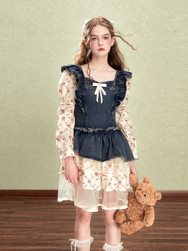 Small Flying Sleeve Stitching Denim Fake Two-piece Dress