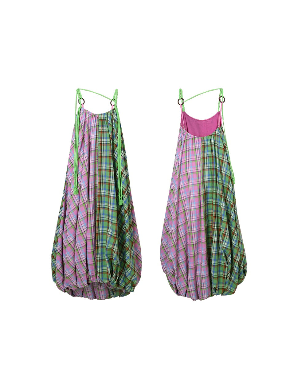 Plaid Stitching Braided Rope Loose Sling Dress