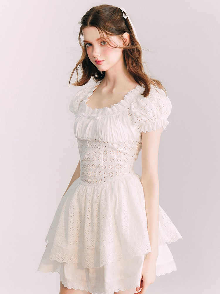 Embroidered Lace Waist Hollow Short Dress