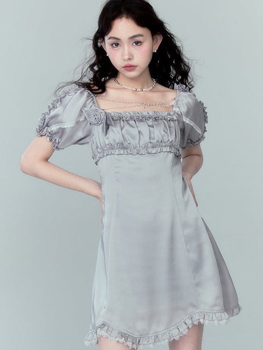 Beaded Chain Frill Decoration Puff Sleeve Dress