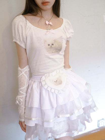 Angel Cat &amp; Bunny Bow Round Neck T-shirt