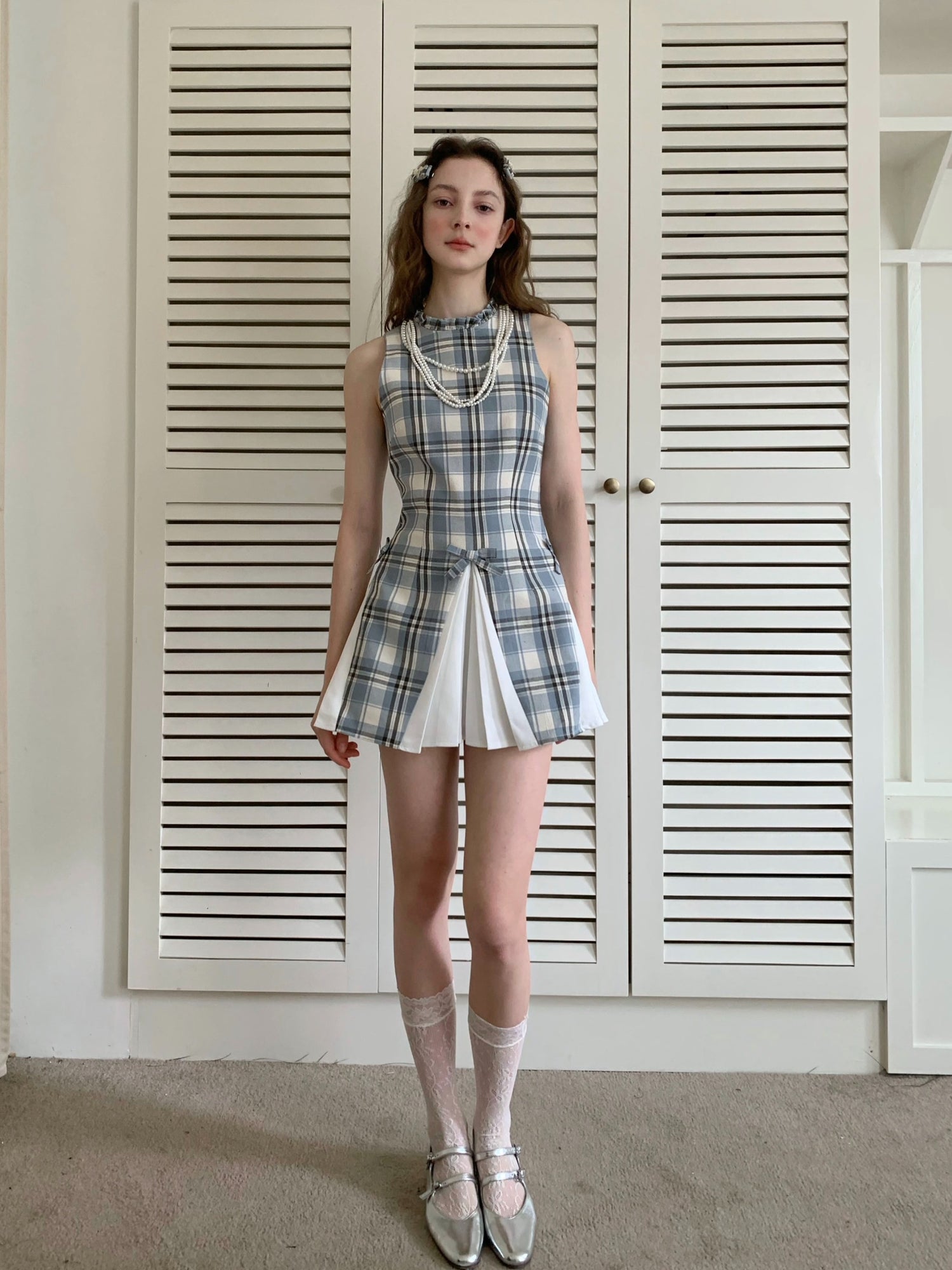 Sleeveless Check Patchwork Pleated Dress