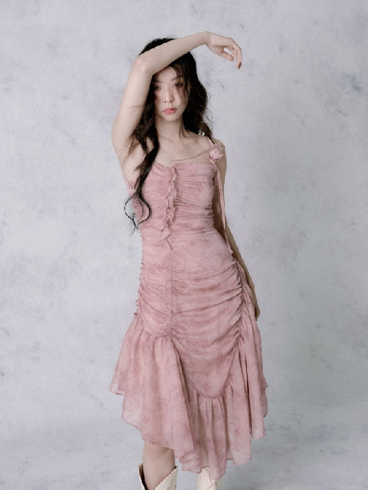 Rose Asymmetrical Wrinkled Suspender Dress