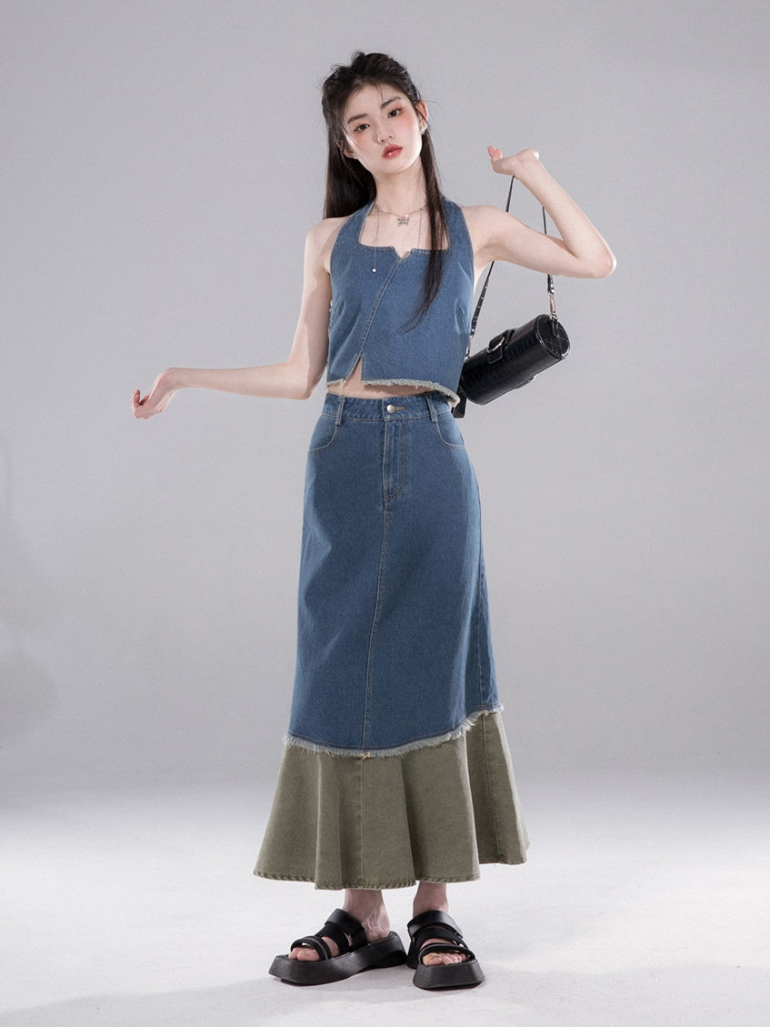 Denim Halter Neck Vest &amp; Fishtail Skirt Set-up