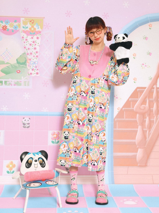 Velvet Stitching Panda Print Loose Coat Dress