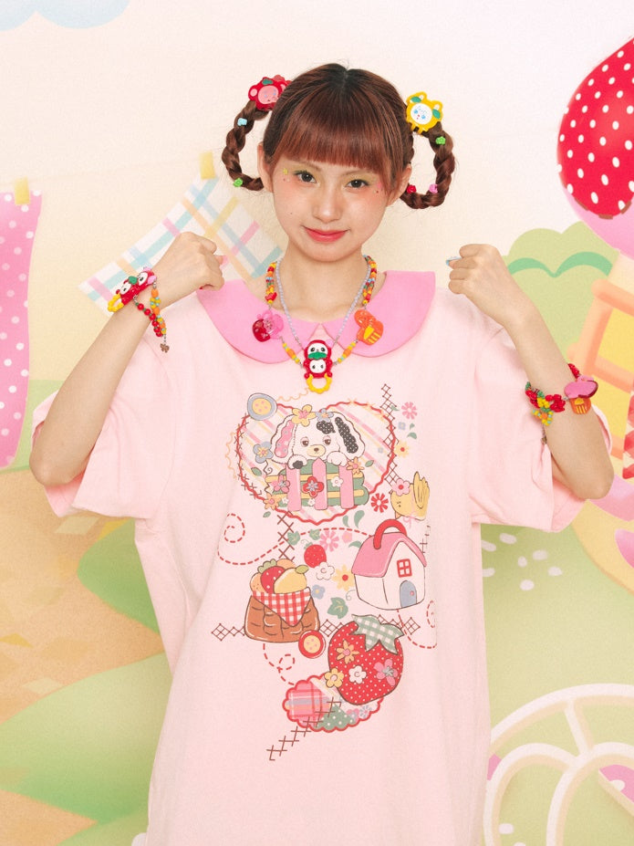 Doll Collar Printed Short-sleeved T-shirt One-piece