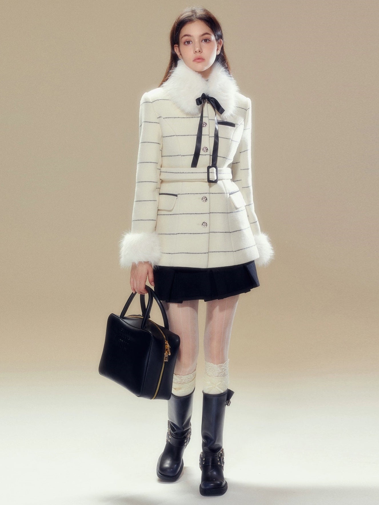 Fur Collar Border Belt Coat