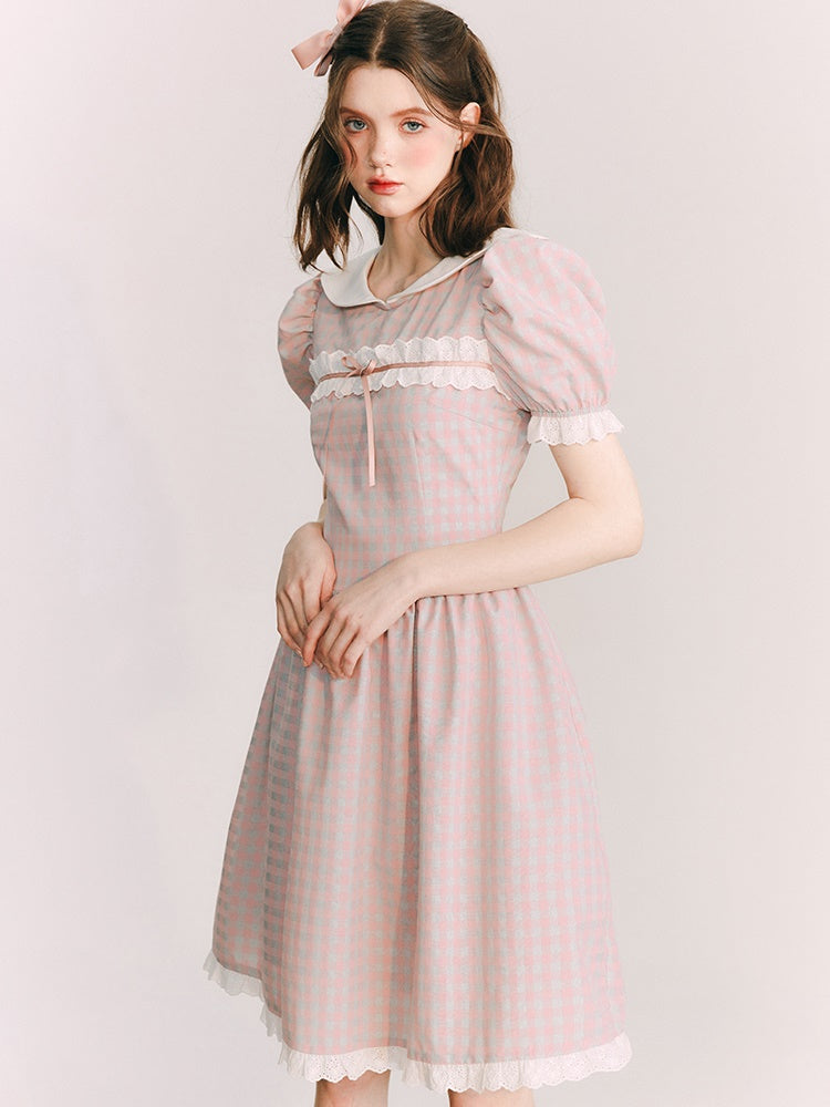 Plaid Doll Collar Lace Stitch One-piece