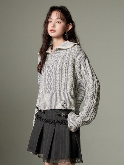 Cable High Collar Half-Zipper Knitted Sweater