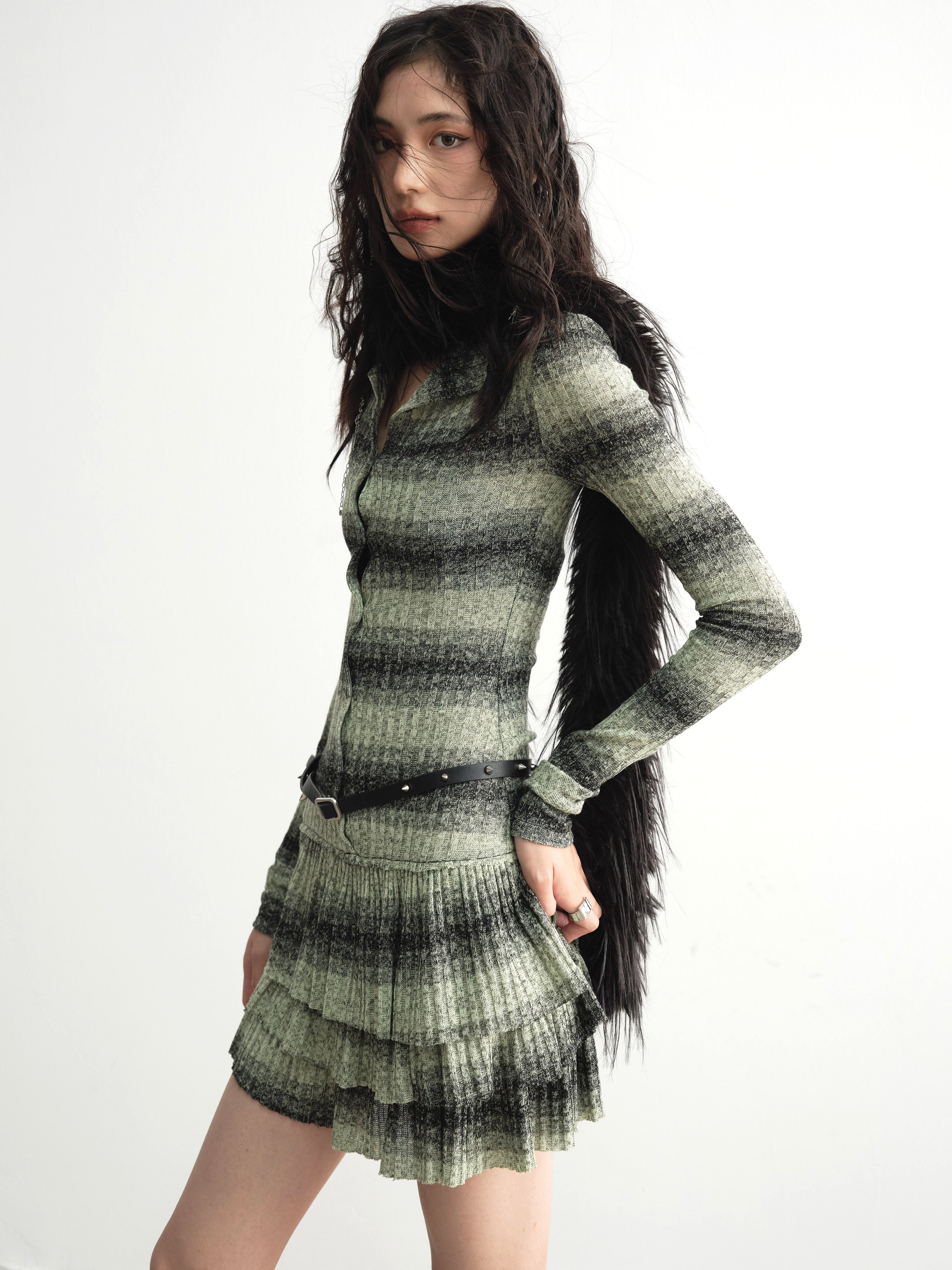 Fake Two-piece Striped Ruffled Knitted Dress