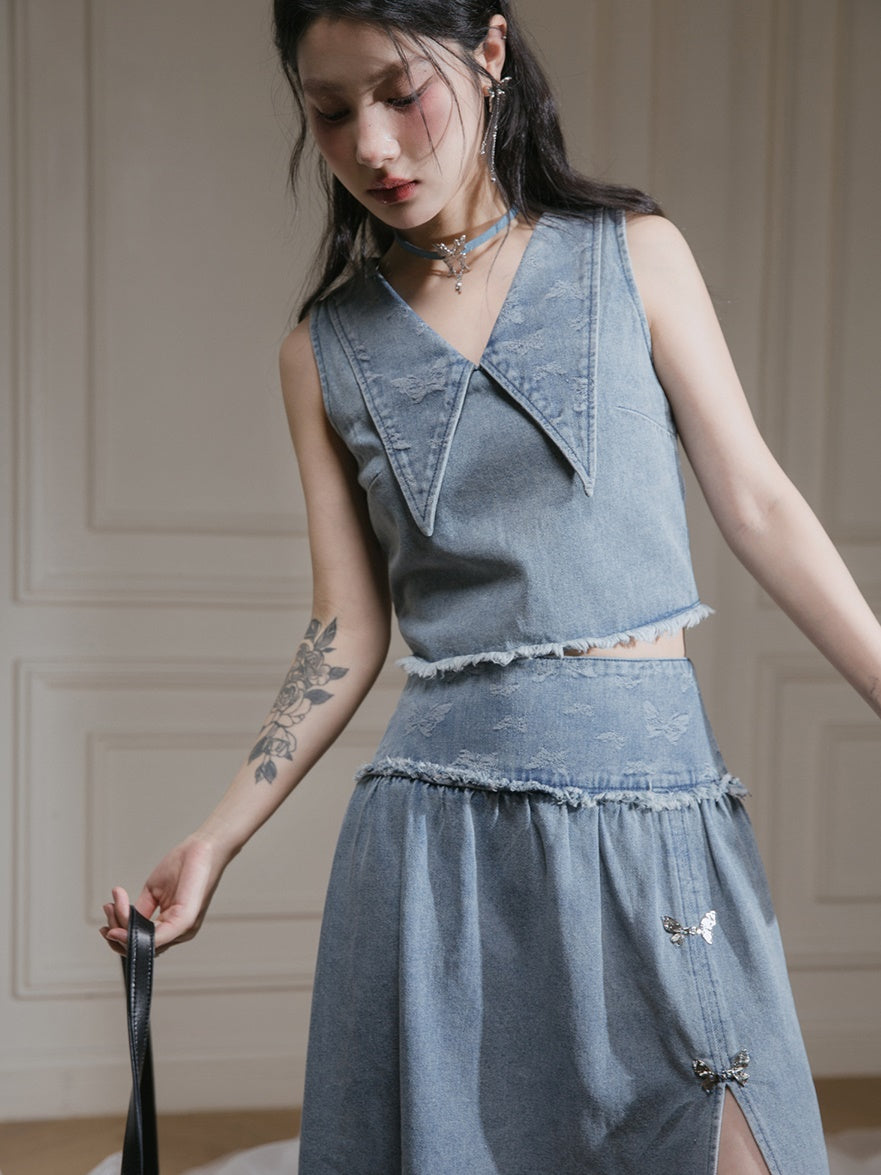 Butterfly Jacquard Denim Sleeveless Top & Skirt Set-up