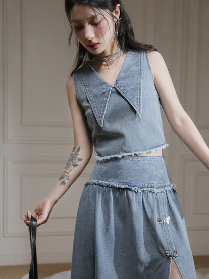 Butterfly Jacquard Denim Sleeveless Top &amp; Skirt Set-up