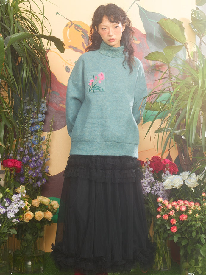 Butterfly Orchid Embroidery High-neck Sweater