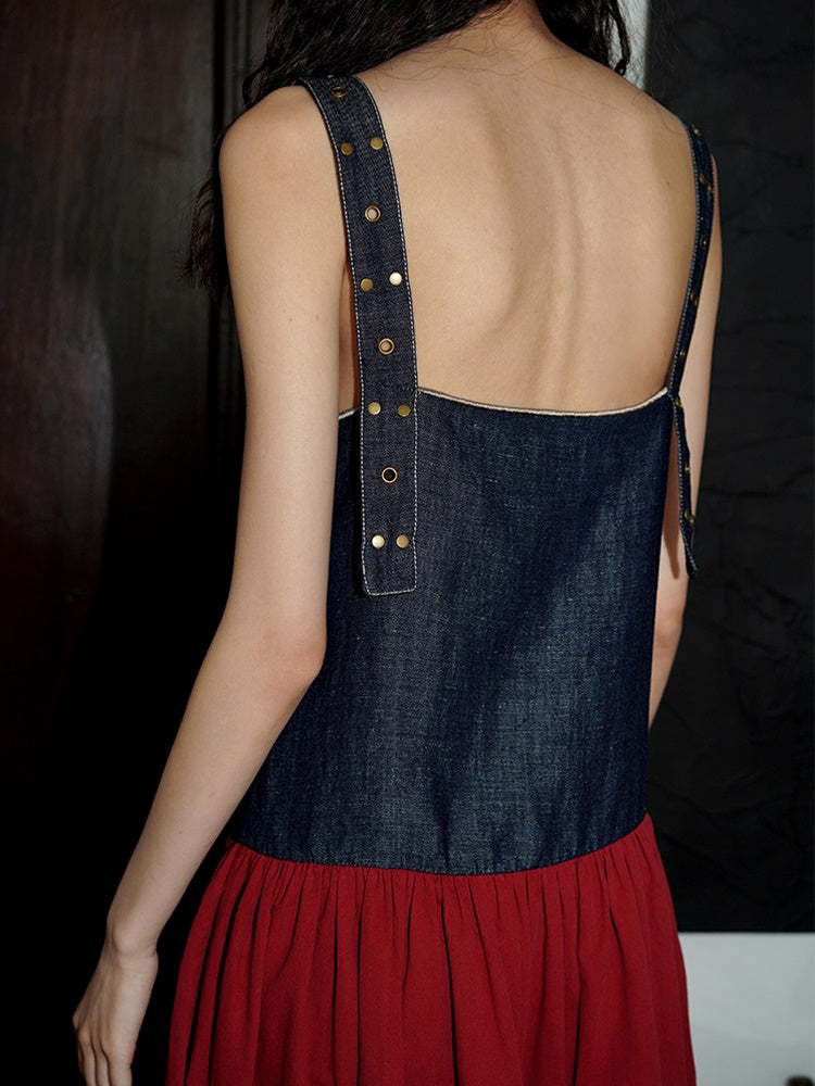 Denim Stitching Embroidery Loose Strap Dress