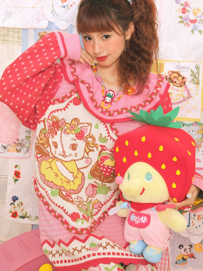 Large Lapel Cat Strawberry Jacquard Pullover Sweater