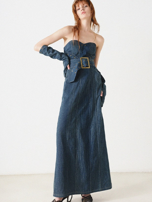 Denim Bare Top Long Dress With Sleeves