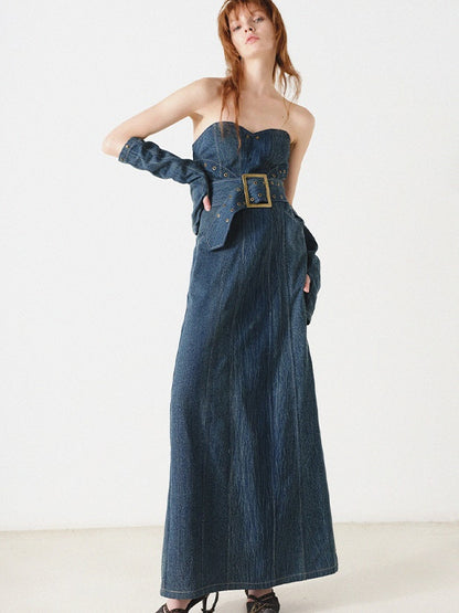 Denim Bare Top Long Kleid mit Ärmeln