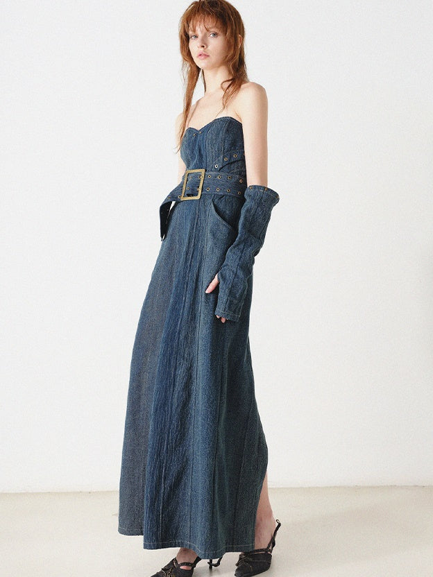 Denim Bare Top Long Kleid mit Ärmeln