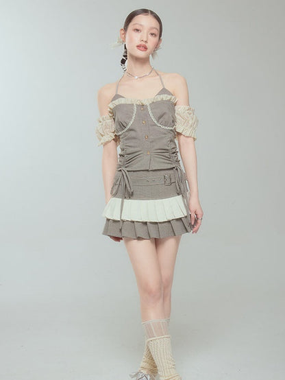 Halter Neck Suspender Top &amp; Short Pleated Cake Skirt