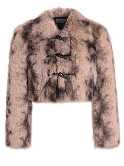 Horn Button Short Leopard Print Imitation Fur Jacket