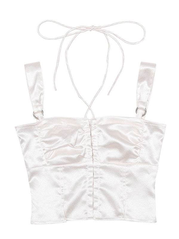 SHINY SUSPENDER TOP &amp; LOW WAIST PLEATED SKIRT