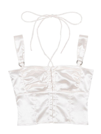 SHINY SUSPENDER TOP &amp; LOW WAIST PLEATED SKIRT