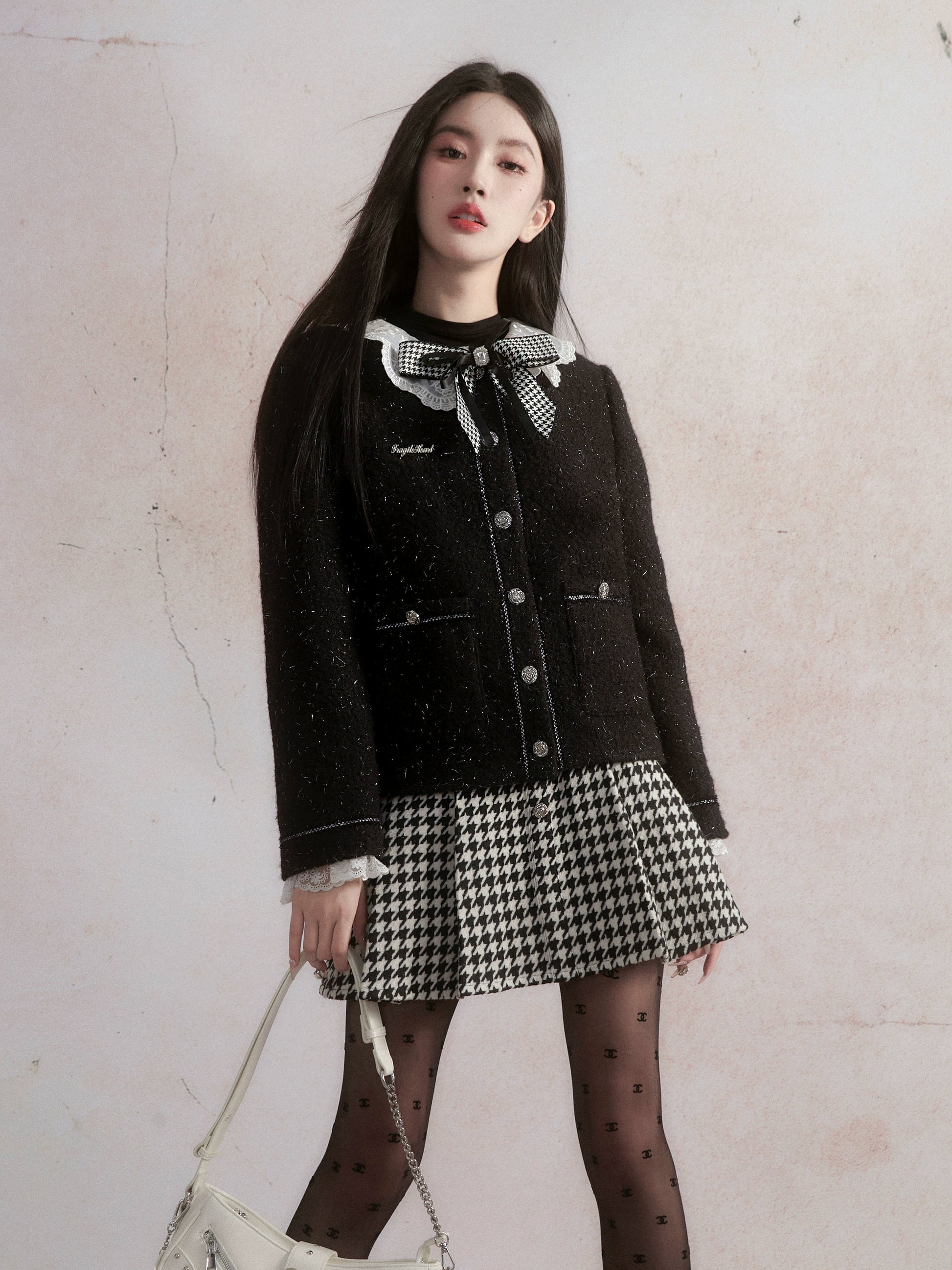 Small Fragrant Style Lace Stitch Jacket ＆ Houndstooth Skirt