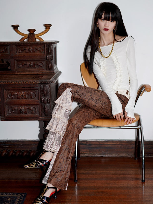 Lace Splicing Snake Pattern Imitation Leather Slim Flare Pants