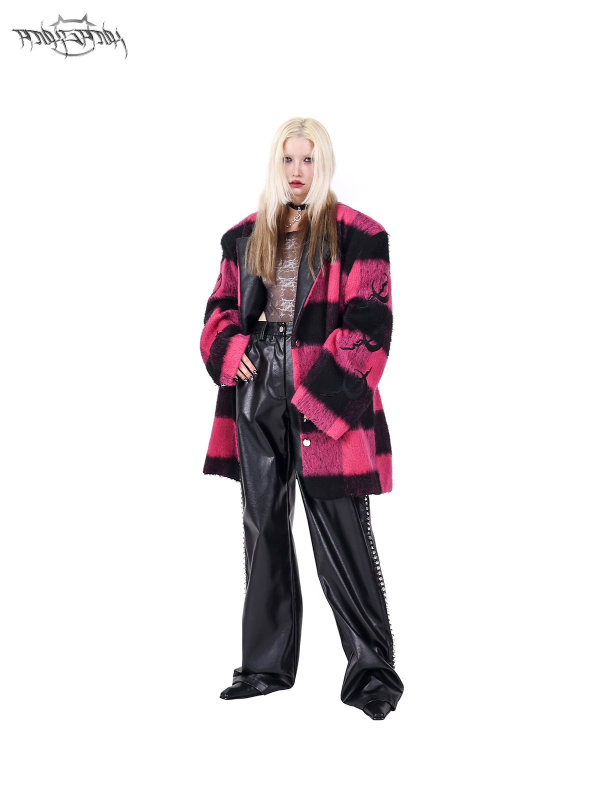 Plaid Leather Embroidered Shoulder Pads Genderless Coat