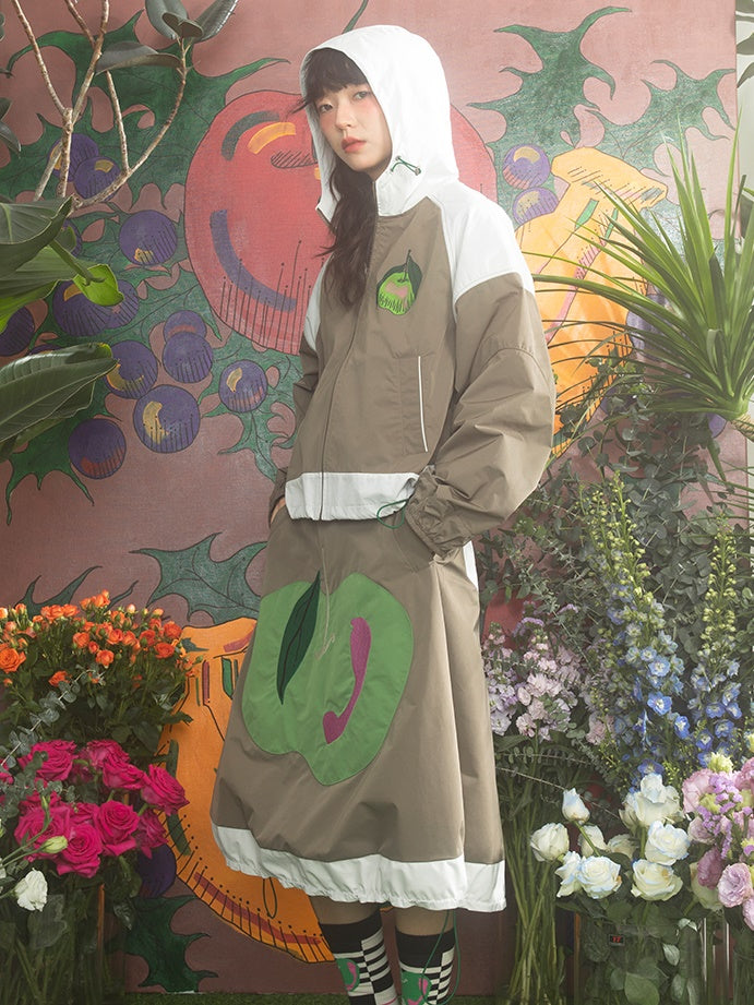 Contrast Stitching Hooded Windbreaker &amp; Patchwork A-Line Skirt