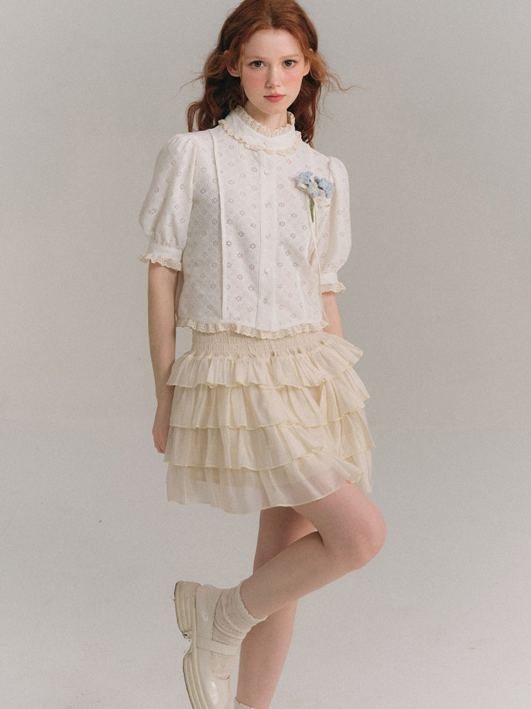 Stand Collar Jacquard Lace French Short-sleeved Shirt