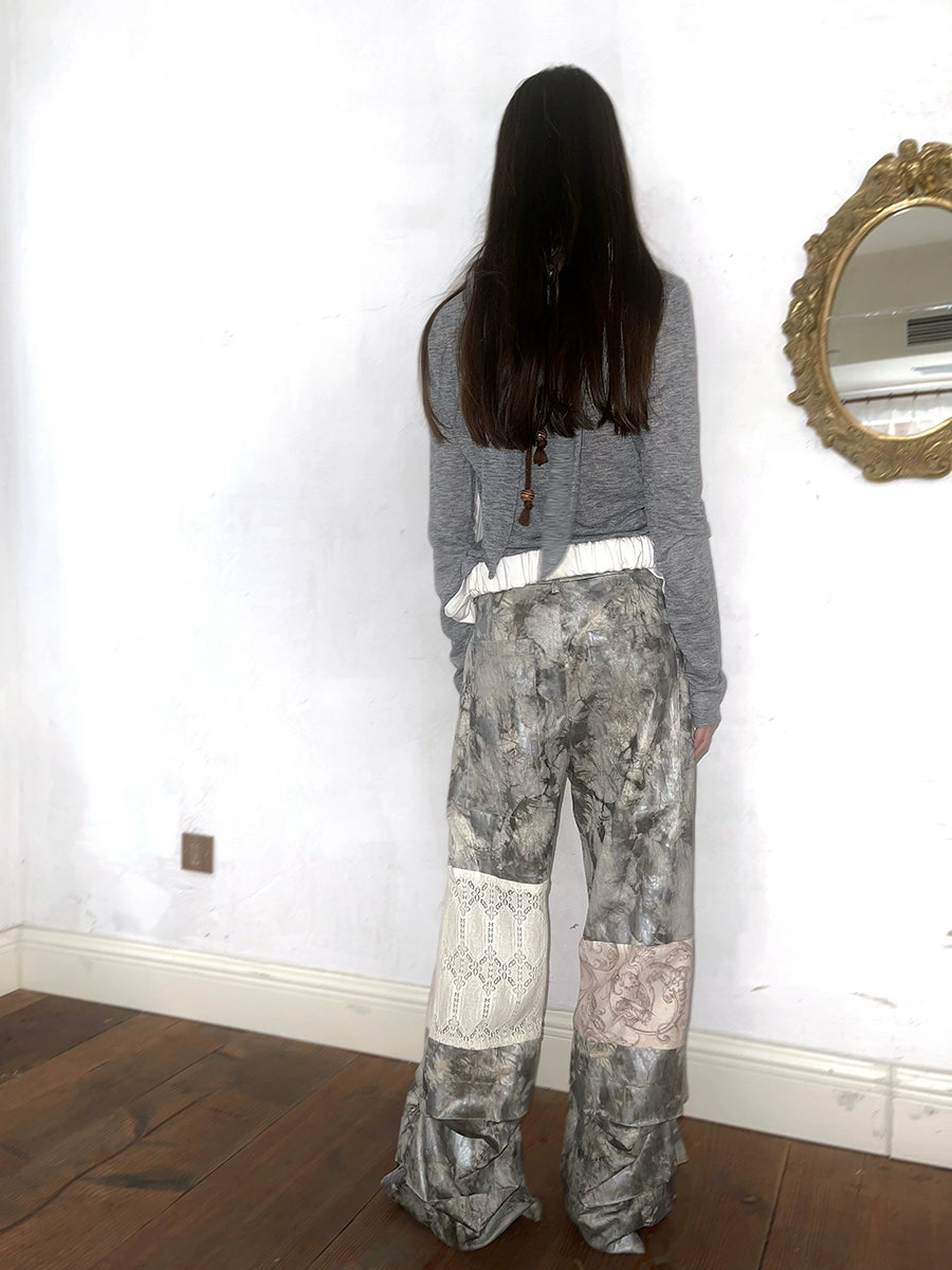 Tie-dye Printed Lace Splicing Pants