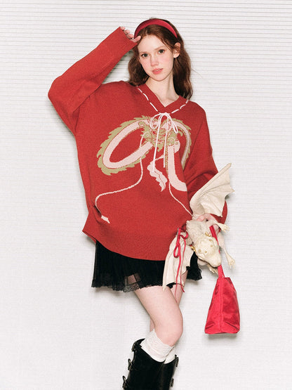 Dragon Pattern V-neck Ribbon Loose Sweater